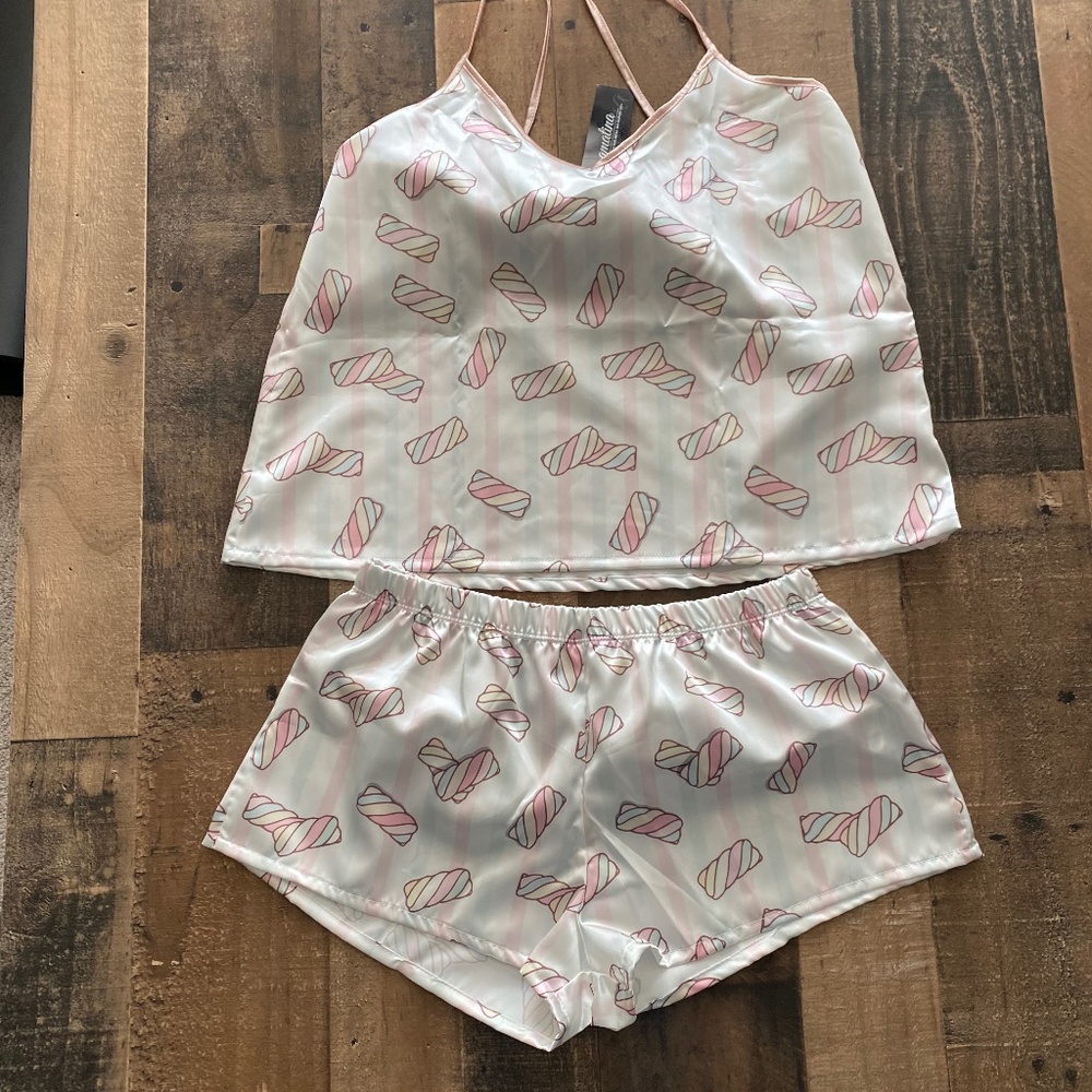 New Satin  Effect Marshmallow Print Pajama Set